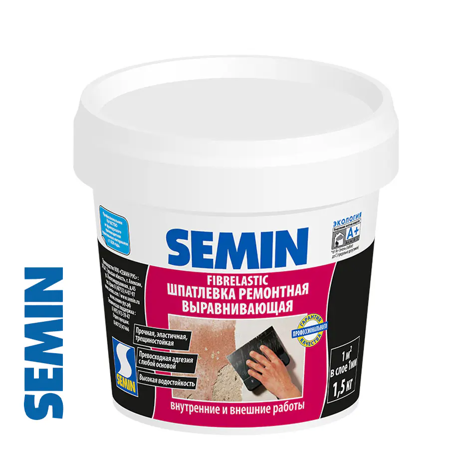 Шпатлёвка SEMIN FIBRELASTIC ЭЛАСТИЧНАЯ ШПАТЛЕВКА, армированна фиброволокнами 1,5 кг. РФ